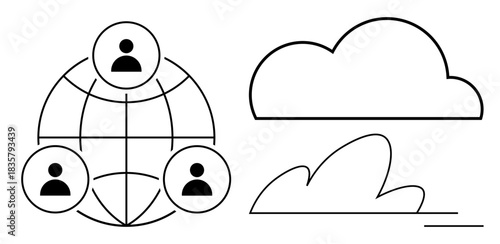 Cloud computing, global communications, digital networking, online services, collaborative platforms, data integration. Globe with user icons and cloud graphics. Cloud computing and global