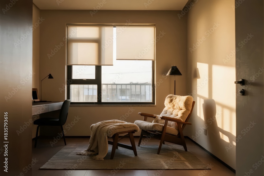 Fototapeta premium Sunlit modern living room with wooden chair, desk, and large window