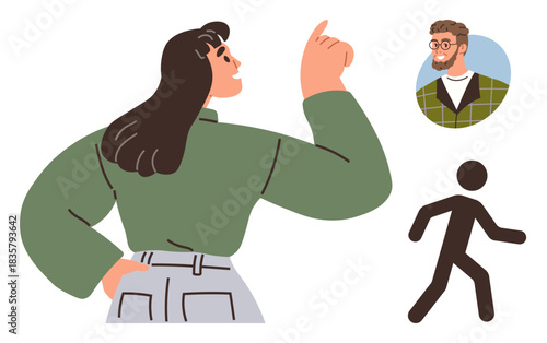 Woman in green shirt pointing confidently, profile portrait of a man in a circle, and a walking figure. Ideal for teamwork, leadership, motivation, direction, connection, progress simple flat