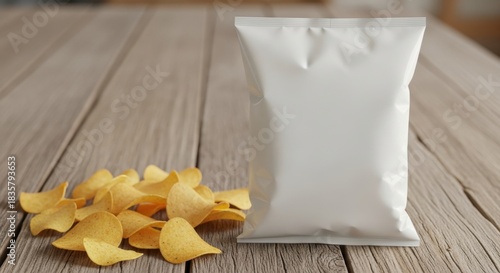Wallpaper Mural A white bag stands on a wooden table next to a pile of potato chips. Torontodigital.ca