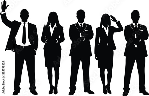 Business silhouette, corporate team, professional posture, leadership concept, office attire, male female figures, black vector, flat design, teamwork pose, executive style