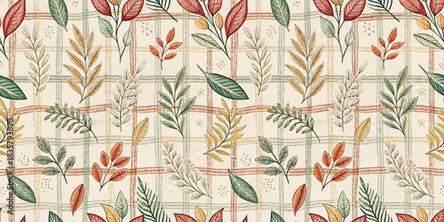 Beautiful botanical pattern featuring colorful leaves on a soft beige background.