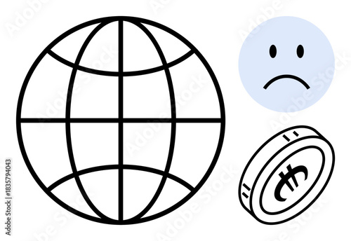 Global economy. A globe, sad emotion face, and cryptocurrency coin global economic issues. Global economy challenges, digital money, market trends, and financial struggles. For finance technology