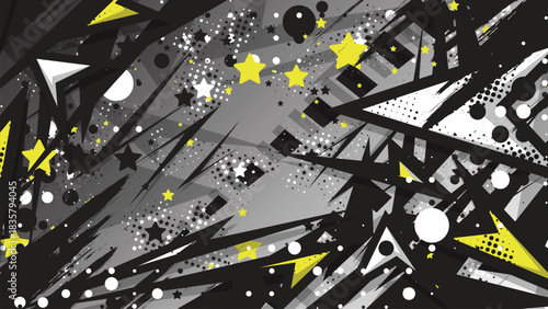 Abstract Dynamic Grunge Background with Yellow Stars and Geometric Shapes for Racing, Esports, or Sports Jersey Design