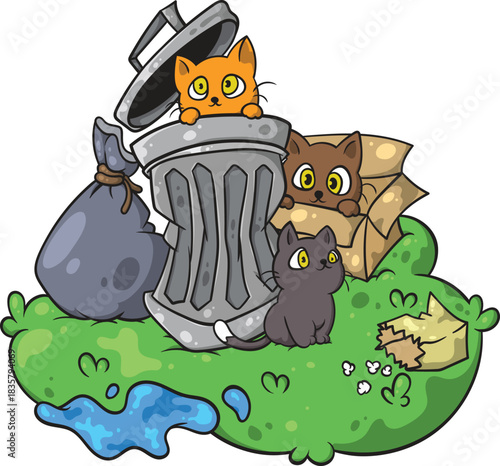 Cute Stray Cats and Kittens Living Around Trash Can Vector Illustration
