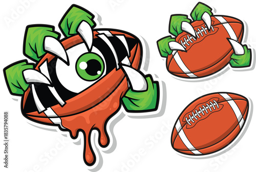 Scary Monster American Football Mascot Vector Illustration Set with Claws and Big Eye