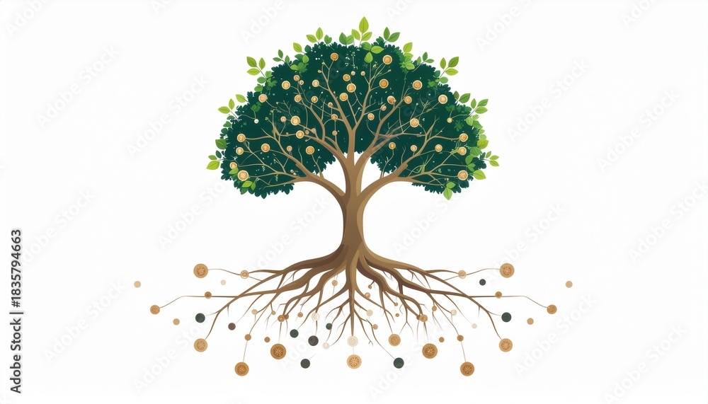 Naklejka premium A stylized tree with golden fruit and intricate roots connected by a network of glowing orbs, symbolizing growth and connection.