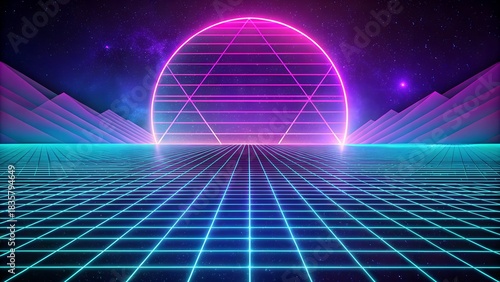 Retro Futuristic Synthwave Landscape With Neon Grid and 80s Cyberpunk Style in Pink Blue Night Scene