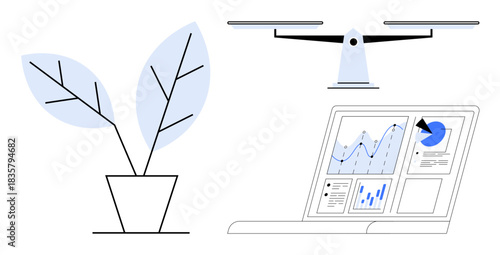 Smart farming, data visualization, precision agriculture, sustainability, technology integration, environmental monitoring. A quadcopter, plant in a pot and analytics dashboard. Smart farming