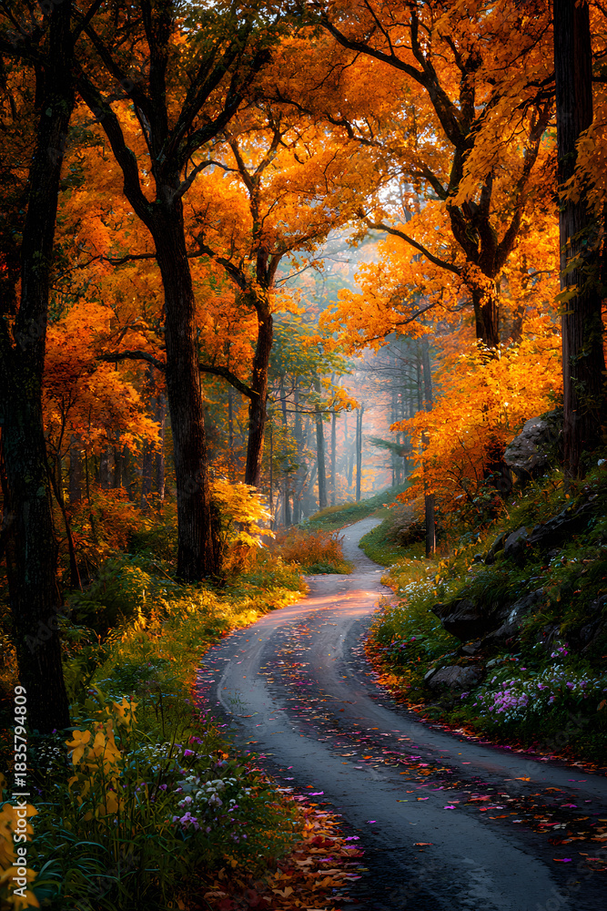 Fototapeta premium Autumn forest road at warm sunny fall morning
