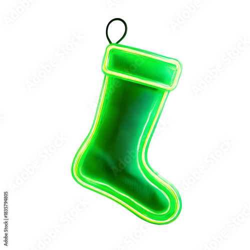 Vibrant glowing green neon Christmas stocking decoration shines brightly against a dark holiday background