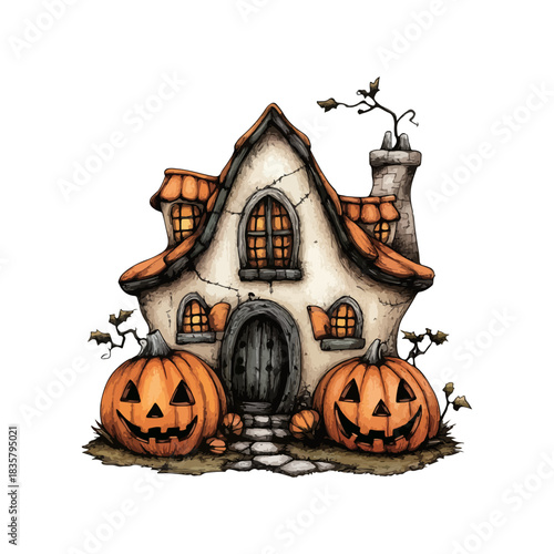 scary pumpkin house hand drawn vector illustration