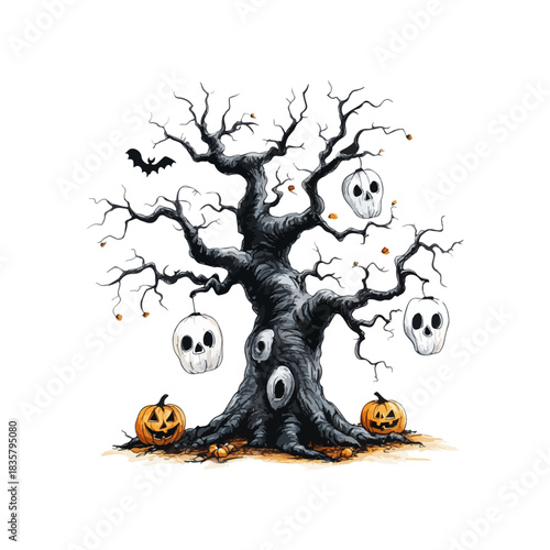 scary halloween tree drawn vector illustration