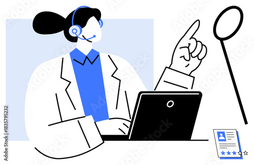 Professional wearing a headset assists via laptop, pointing upward for emphasis, with rating card beside. Ideal for customer service, technical support, communication, consulting, training, online