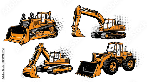 Collection of heavy construction machinery including bulldozers, excavators, and wheel loaders.