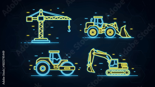 Neon outline illustrations of heavy construction machinery including a crane, loader, road roller, and excavator.