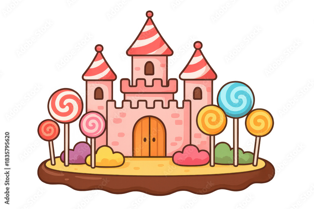 Obraz premium Candy castle with lollipop trees and sweet dessert landscape, creating a magical fairytale kingdom on transparent background