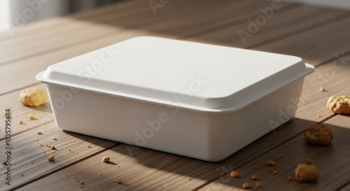 Wallpaper Mural A white plastic food container sits on a wooden table with crumbs scattered around it. Torontodigital.ca
