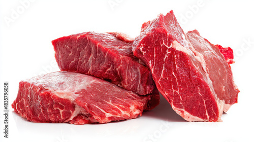 Raw beef steak cut fresh red meat pieces with marbling isolated on white background for cooking