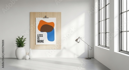 Modern minimalist interior design featuring abstract art poster with inspirational quote 'Less is More' and contemporary furniture