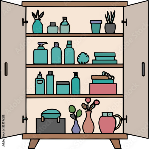Open Wood Cabinet Filled With Various Bottles Jars Containers And Decorative Plants In Muted Teal And Beige Tones Organized Storage Solution For Cosmetics Or Toiletries