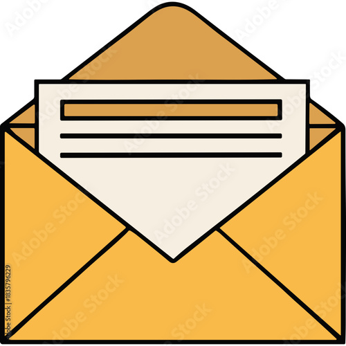 Open Yellow Envelope with Paper Inside Showing Text Lines and Horizontal Bar Symbolizing Communication and Correspondence in a Simple Flat Design