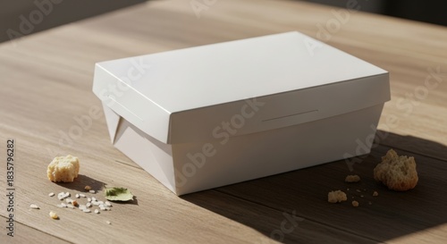 Wallpaper Mural A white takeout box sits on a wooden table with crumbs and seeds scattered around it. Torontodigital.ca
