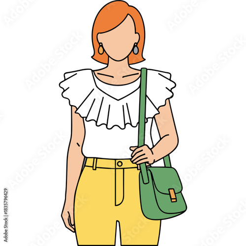 Orange Haired Woman Wearing White Ruffle Top Yellow Pants and Green Crossbody Bag Standing with a Stylish Accessory in a Minimalist Design with No Background