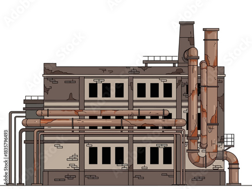 Cartoon Illustration of a Dilapidated Industrial Factory Building with Rust.