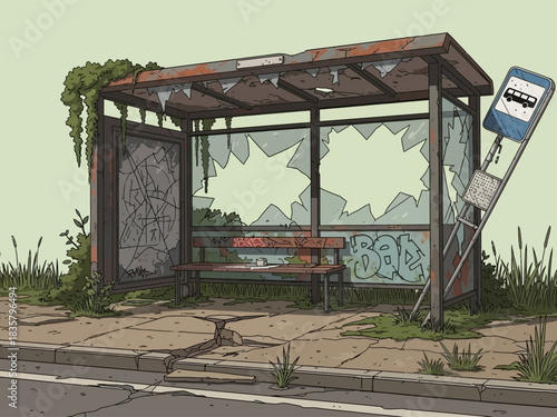 Decayed Bus Stop with Broken Glass and Graffiti Overgrown with Vegetation.