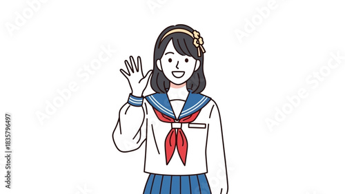 Friendly student waving hello with a cheerful smile, wearing a classic school uniform in a simple, clean design for educational content creation