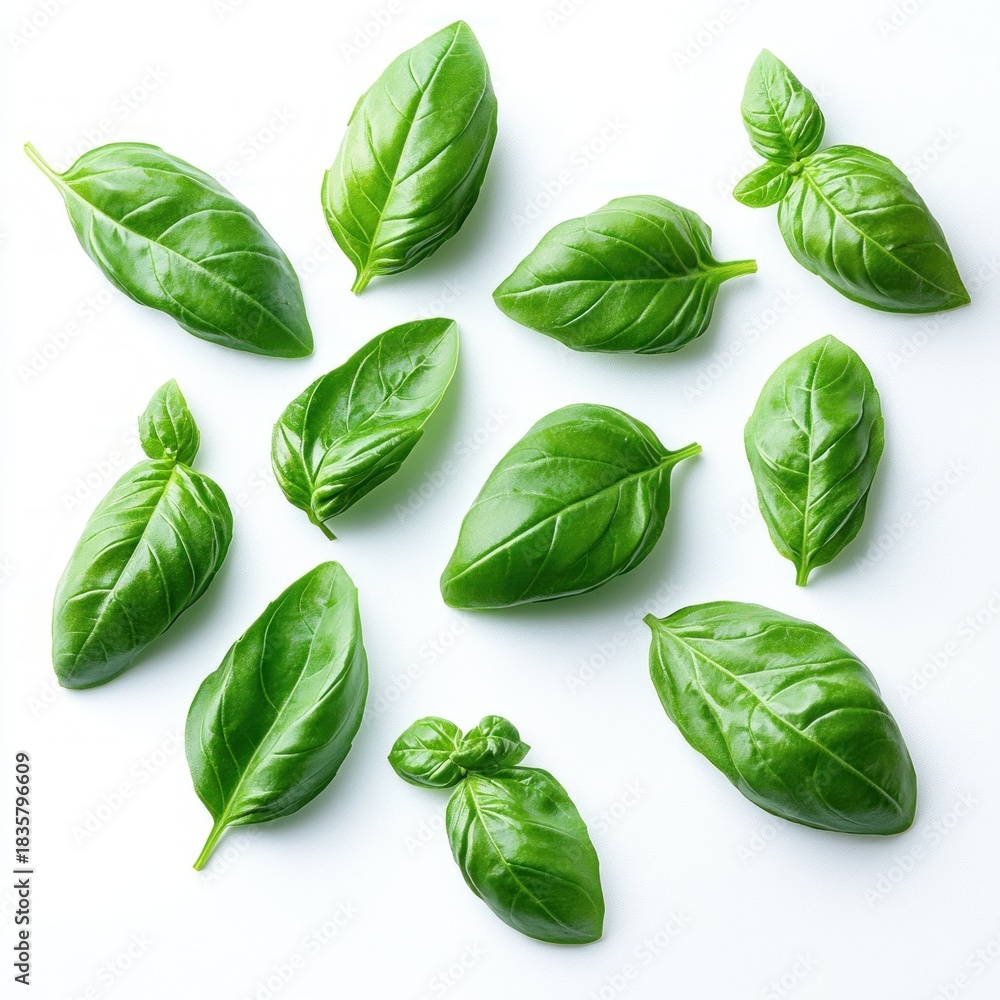 Fototapeta premium Fresh green basil leaves arranged on a white background symbolizing freshness and natural herbs