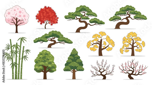 Explore a diverse collection of cartoon trees, including blossoming sakura, bamboo, maples, ginkgos and pines to enhance your design projects.