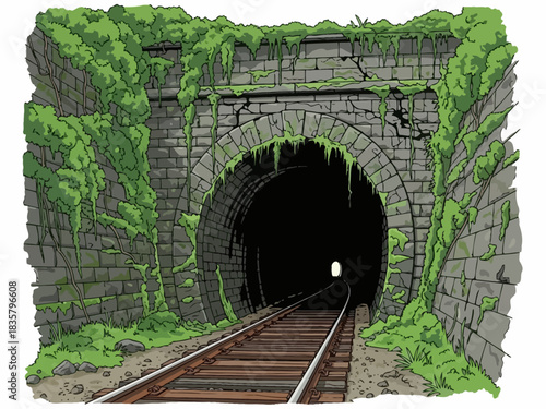 Overgrown Stone Railway Tunnel with Tracks and Dim Light.