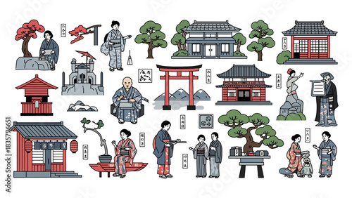 Explore Japan's rich cultural heritage with this elegant collection of traditional buildings, people, and iconic landmarks, perfect for travel and design projects