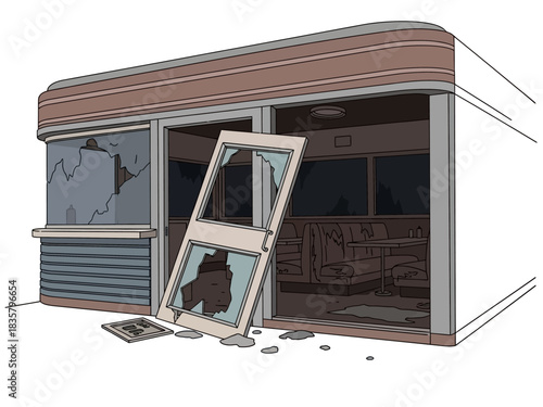 Dilapidated Diner with Broken Windows and Door Abandoned and in Disrepair.