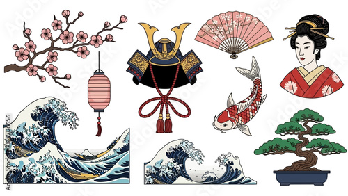 Discover Japanese culture with stunning illustrations of iconic symbols like geishas, koi fish, samurai helmets, bonsai trees, and majestic ocean waves
