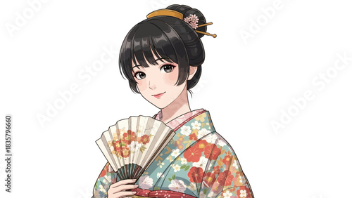 Elegant Asian woman in traditional kimono holding fan, a captivating design element for cultural projects needing a touch of grace and timeless beauty