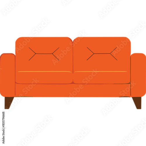 Orange Two-Seater Sofa with Minimalist Stitching Detail and Tapered Wooden Legs on a Transparent Background