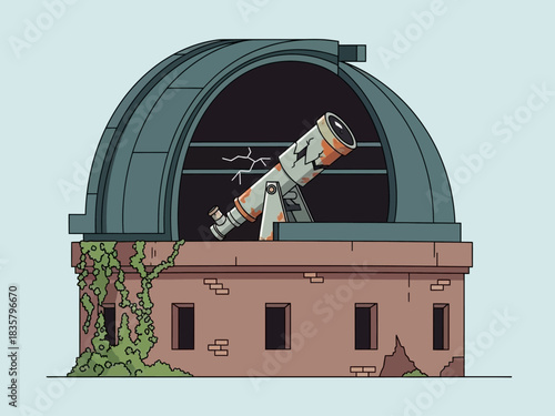 Dilapidated Observatory with Cracked Telescope and Overgrown Vines Illustration.
