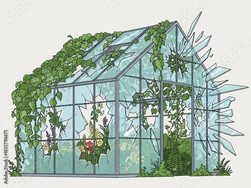 Overgrown Greenhouse with Broken Glass and Thriving Plants Inside.