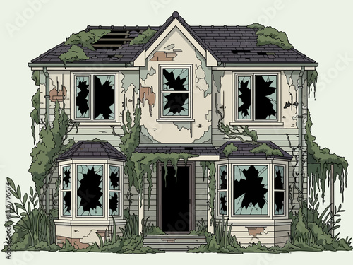 Decaying Two-Story House with Broken Windows and Overgrown Vegetation.