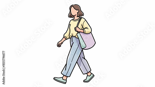 Stylish young woman strolling with tote bag, radiating confidence and everyday chic, perfect for fashion blogs and lifestyle content with modern vibes