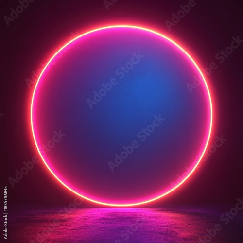 Vibrant glowing neon circle with pink and yellow colors illuminating a dark blue textured background creating a futuristic and captivating atmosphere