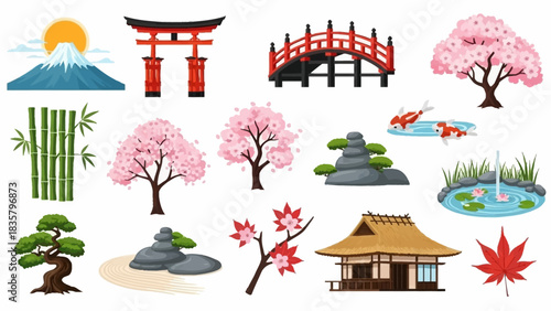 Discover Japanese culture with stunning icons of Mount Fuji, Torii gate, cherry blossom, koi fish, zen garden, and traditional architecture elements