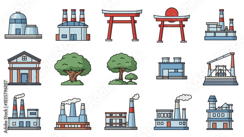 Diverse architectural icons representing industry, nature, and culture, perfect for visual storytelling and infographic designs needing a comprehensive urban feel