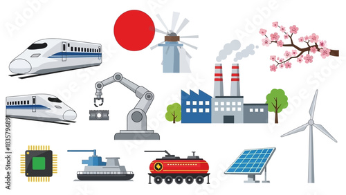 Dynamic illustration showcases Japan's advanced technology, renewable energy, and industrial prowess against a clean white backdrop, perfect for business