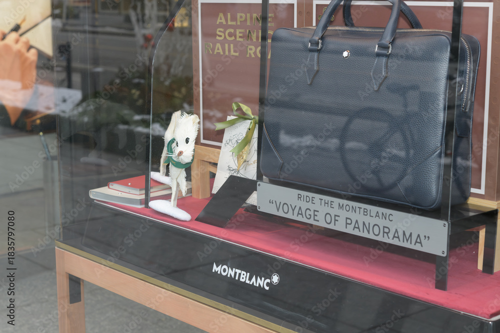 Naklejka premium holiday display in windows of Montblanc Boutique, a fashion accessories store, located at 151 Bloor St W, Toronto