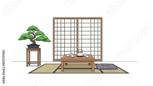 Find serenity with a calming tea ceremony scene featuring a delicate bonsai tree, traditional tatami mats, and shoji screen for a peaceful atmosphere