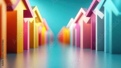 Fototapeta Naklejka Na Ścianę i Meble -  Colorful row of small house models in a symmetrical pattern with a blurred background and reflective surface creating a vibrant and playful atmosphere
